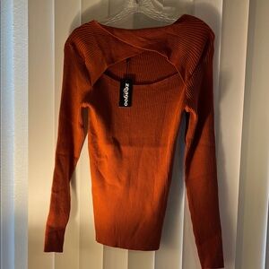 NWTzeagoo Rust Orange Ribbed Square-Neck Long Sleeve Top!